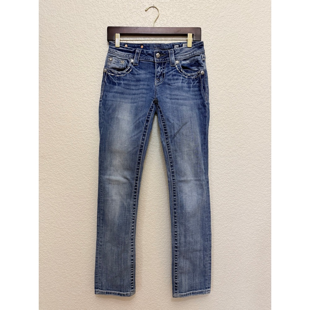 Miss Me Embellished Low Rise Denim Straight Leg Jeans, Size 26